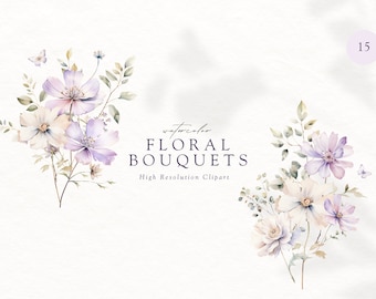 May include: Two watercolor floral bouquets with delicate purple and white flowers, green leaves, and butterflies. The text "watercolor FLORAL BOUQUETS High Resolution Clipart" is below the bouquets.