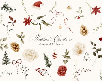 Watercolor Christmas Clipart: Festive Holiday Winter Greenery Botanicals and Ornaments (PNG, Digital Download)