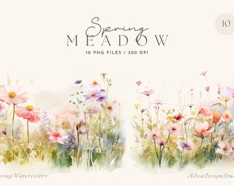 Watercolor Floral Clipart: Spring Wildflower Meadow (PNG Digital Download)