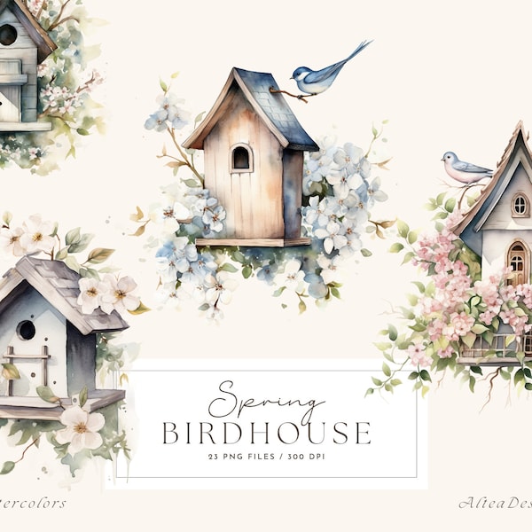 Birdhouse Clipart, Spring Watercolor Clipart, Watercolor Birds Clipart, Spring Flowers, Watercolor Spring Clipart png, Bird Clipart
