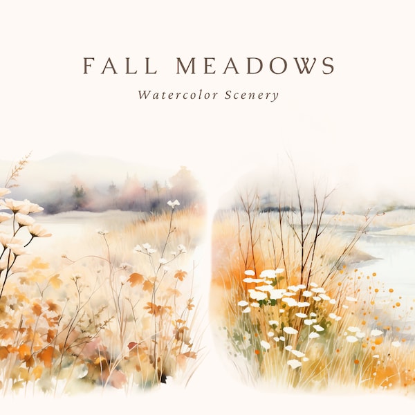 Fall Watercolor Meadow, Autumn Landscape, Fall Watercolor Landscape, Autumn Wildflowers, Watercolor Fall Clipart, Autumn Landscape png