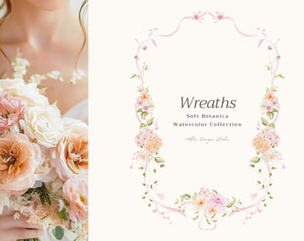 Watercolor Floral Wreaths Clipart: Pink Flowers, Wedding Invitation Design (Digital Download)