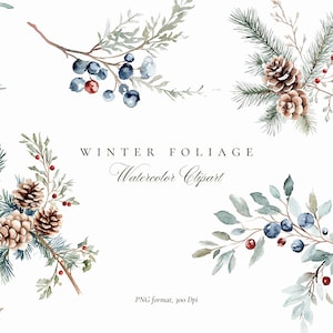 May include: A watercolour clipart image of winter foliage. The image displays arrangements of pine cones, berries, and branches in green, blue, and brown hues. The text "Winter Foliage Watercolor Clipart" is also visible.