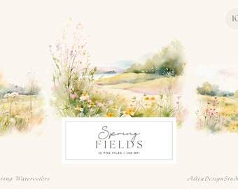 Aquarel lenteweide-clipart: landschapslandschap (digitale download)