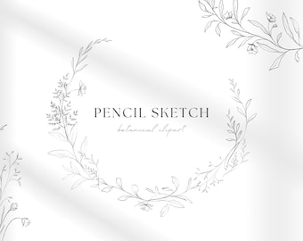 Floral Line Art Illustration, Botanical Pencil Sketch, Fine Art Invitation Clipart, Wedding Clipart, Line Drawing Botanical PNG