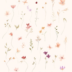 Puede incluir: Un conjunto de 52 elementos florales de acuarela, con delicadas flores, hojas y mariposas en tonos de rosa, morado, naranja y verde. Los elementos son perfectos para crear invitaciones, tarjetas y otras manualidades de papel.