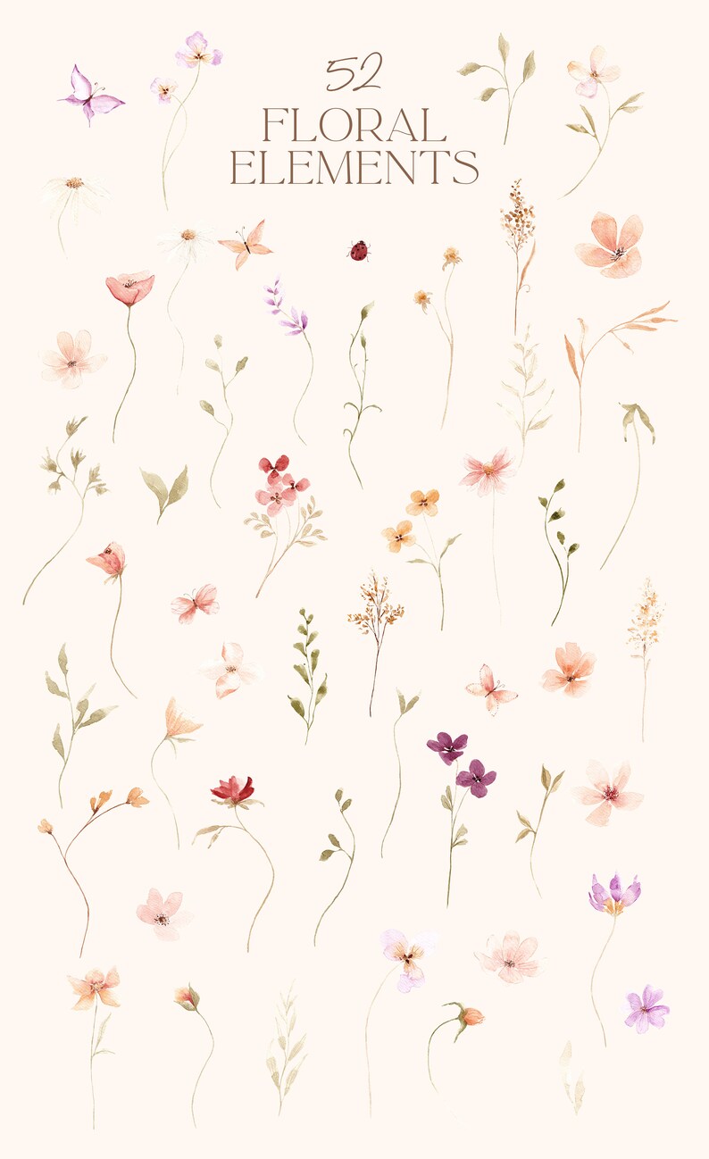 Puede incluir: Un conjunto de 52 elementos florales de acuarela, con delicadas flores, hojas y mariposas en tonos de rosa, morado, naranja y verde. Los elementos son perfectos para crear invitaciones, tarjetas y otras manualidades de papel.