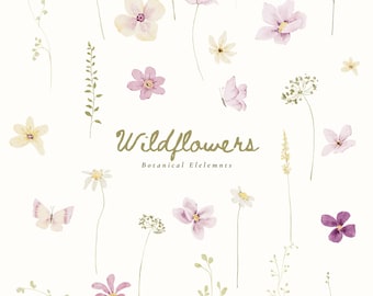 Watercolor Wildflowers Clipart, Watercolor Flowers Clipart, Hand-Painted Florals, Wedding Invitation Clipart