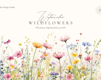 Spring Watercolor Clipart, Watercolor Florals Clipart, Wildflower Floral Borders, Meadow Flowers, Wedding Invitations, Wildflowers Clipart