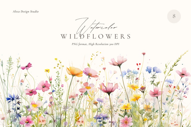 May include: Watercolor illustration of a field of wildflowers in shades of pink, yellow, blue, and green. The flowers are arranged in a horizontal row across the bottom of the image. The text "Watercolor Wildflowers" is written in a cursive font at the top of the image.