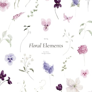 Op de afbeelding: Waterverf bloemelementen in paars, roze en groen, waaronder bloemen, bladeren en een vlinder. De tekst "Floral Elements" wordt weergegeven met het woord "Spring" erboven en "by Altea Design Studio" eronder.