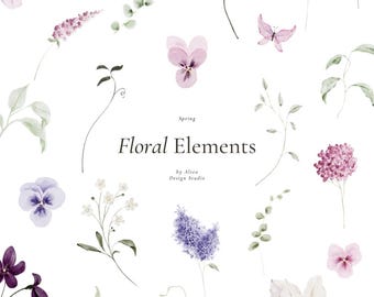 Pink and Purple Spring Watercolor Flower Clipart: Hand-Painted Florals