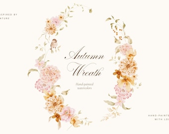 Watercolor Autumn Flower Wreath: Peach & Blush Clipart (Digital Download)