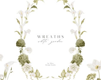 Watercolor Floral Wreaths, White Flower Botanical Frames, Wedding Wreath PNG, Greenery Clipart, Garden Floral Borders