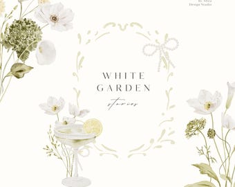 White Florals Watercolor Clipart: Watercolo Flower, Greenery and Cocktails for Wedding Invitations and Summer Events