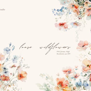 Könnte beinhalten: Aquarell-Illustration von lockeren Wildblumen in Rosa-, Orange-, Blau- und Grüntönen. Das Bild ist mit "Loose Wildflowers" und "PNG-Format, Hohe Auflösung 300 DPI" beschriftet.