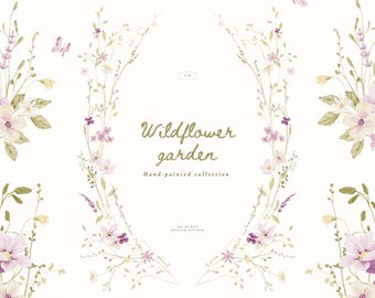 Hand-painted Wildflower Garden Clipart, Wedding Flowers, Baby Shower, Birthday Cake and Cocktail Illustrations