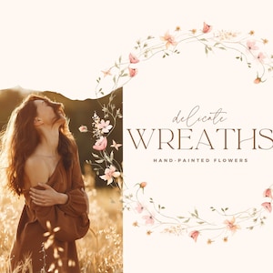 Puede incluir: Una corona de acuarela con delicadas flores rosas y blancas y hojas verdes. El texto "delicate WREATHS HAND-PAINTED FLOWERS" est&aacute; debajo de la corona.