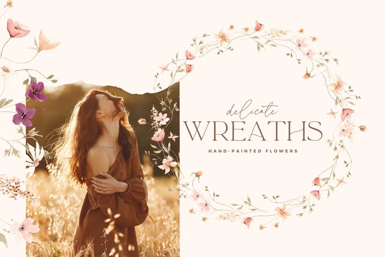 Puede incluir: Una corona de acuarela con delicadas flores rosas y blancas y hojas verdes. El texto "delicate WREATHS HAND-PAINTED FLOWERS" est&aacute; debajo de la corona.