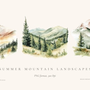 Clipart di montagna ad acquerello, Clipart di montagne, Paesaggio estivo ad acquerello, Grafica di nozze ad acquerello, Clipart di pini