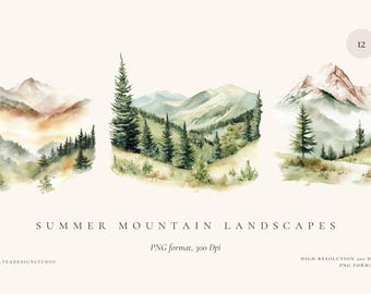 Imágenes prediseñadas de paisaje de montaña en acuarela: Imágenes para bodas de verano (descarga digital)
