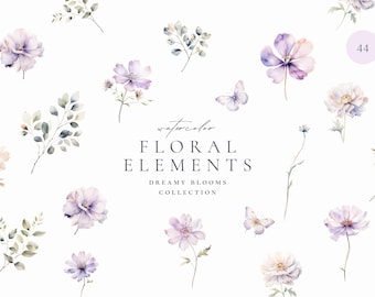 Watercolor Wildflowers Clipart: Purple Floral Wedding Elements (Digital Download)