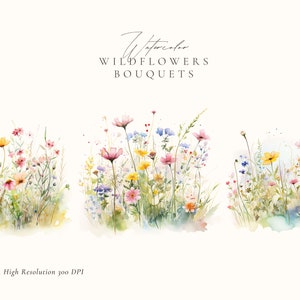 May include: Three watercolor illustrations of bouquets of wildflowers in shades of pink, yellow, and blue. The bouquets are arranged in a row and are set against a white background. The text "Watercolor Wildflowers Bouquets" is written above the bouquets. The text "PNG format, High Resolution 300 DPI" is written below the bouquets.