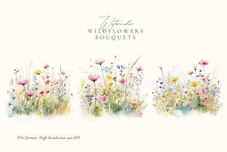 May include: Three watercolor illustrations of bouquets of wildflowers in shades of pink, yellow, and blue. The bouquets are arranged in a row and are set against a white background. The text "Watercolor Wildflowers Bouquets" is written above the bouquets. The text "PNG format, High Resolution 300 DPI" is written below the bouquets.