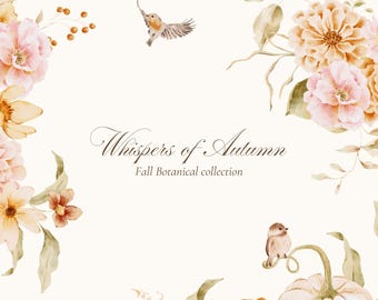 Autumn Watercolor Clipart Collection: Fall Flowers, Pumpkins, Birds, Botanical Illustrations & Patterns