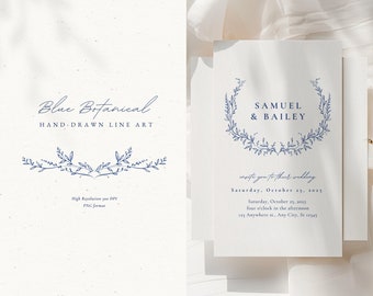 Blue Botanical Line Art Clipart: Wedding Invitation Graphics (PNG & SVG)