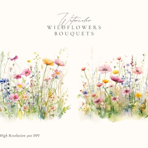 May include: Two watercolor illustrations of wildflower bouquets. The bouquets are composed of pink, yellow, and blue flowers with green stems and leaves. The bouquets are set against a white background. The text "Watercolor Wildflowers Bouquets" is at the top of the image. The number "5" is in a circle in the top right corner of the image.