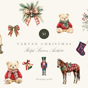 May include: A collection of watercolour illustrations featuring Christmas decorations and festive items. The image includes teddy bears, a nutcracker, a horse, bows, a stocking, and a Christmas tree, all with a tartan design. The text reads "Tartan Christmas Ralph Lauren Aesthetic".
