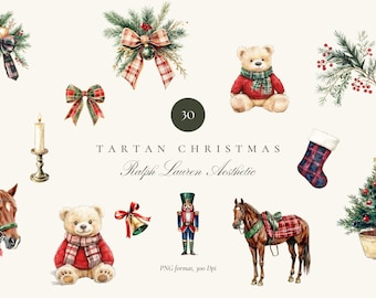 Tartan Christmas Watercolor Clipart: Ralph Lauren Inspired Holiday Set