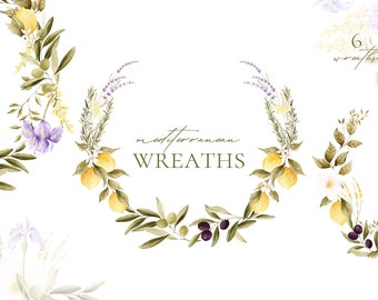 Watercolor Mediterranean Wreaths: Lemon, Olive, Lavender Clipart (PNG)