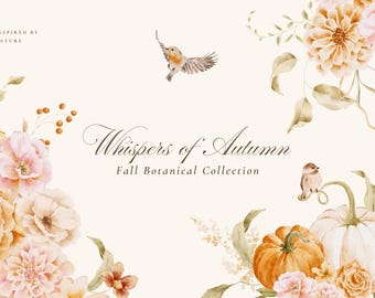 Autumn Watercolor Clipart Collection: Fall Flowers, Pumpkins, Birds, Botanical Illustrations & Patterns