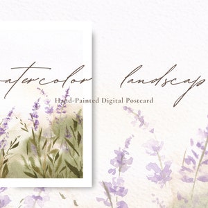 Cartolina digitale primaverile dell'acquerello, paesaggio dell'acquerello, campo floreale dell'acquerello, lavanda dell'acquerello, sfondo del paesaggio digitale