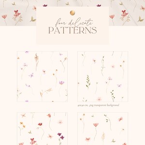 Puede incluir: Cuatro delicados patrones florales con fondo blanco. Los patrones presentan peque&ntilde;as flores rosas, moradas y naranjas con tallos y hojas verdes. Los patrones miden 40x40 cm y est&aacute;n en formato PNG con fondo transparente.