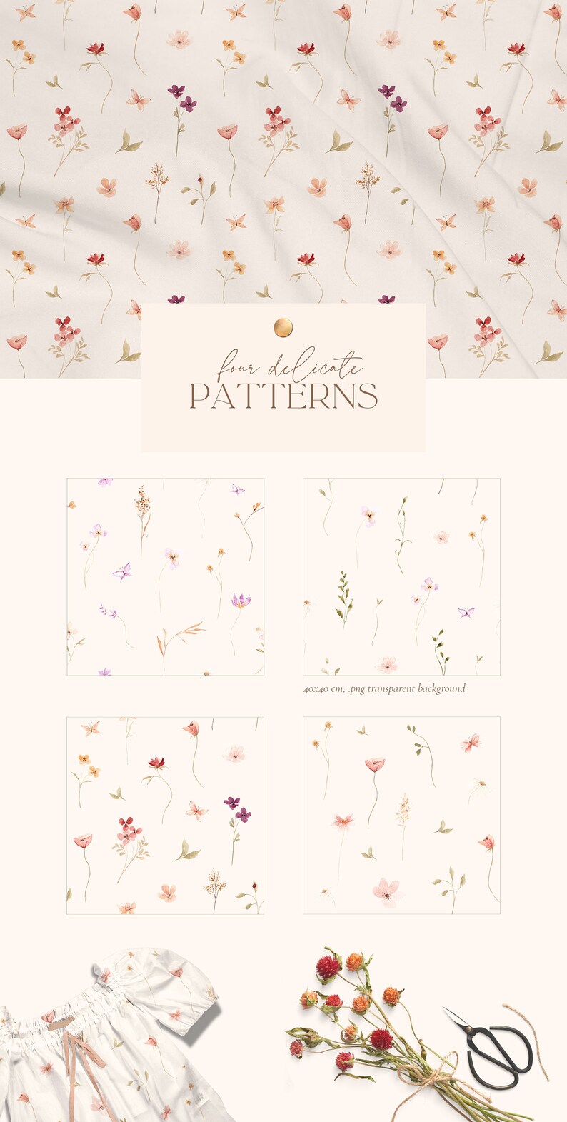 Puede incluir: Cuatro delicados patrones florales con fondo blanco. Los patrones presentan peque&ntilde;as flores rosas, moradas y naranjas con tallos y hojas verdes. Los patrones miden 40x40 cm y est&aacute;n en formato PNG con fondo transparente.
