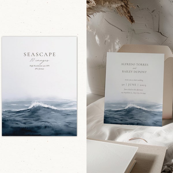 Watercolor Seascape Clipart: Blue Ocean Illustration (JPG, 300 DPI)