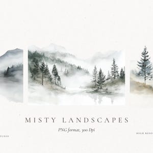 Clipart invernale ad acquerello, Clipart paesaggio nebbioso, Clipart foresta invernale, Clipart montagna ad acquerello, Clipart di Natale, Clipart invernale ad acquerello