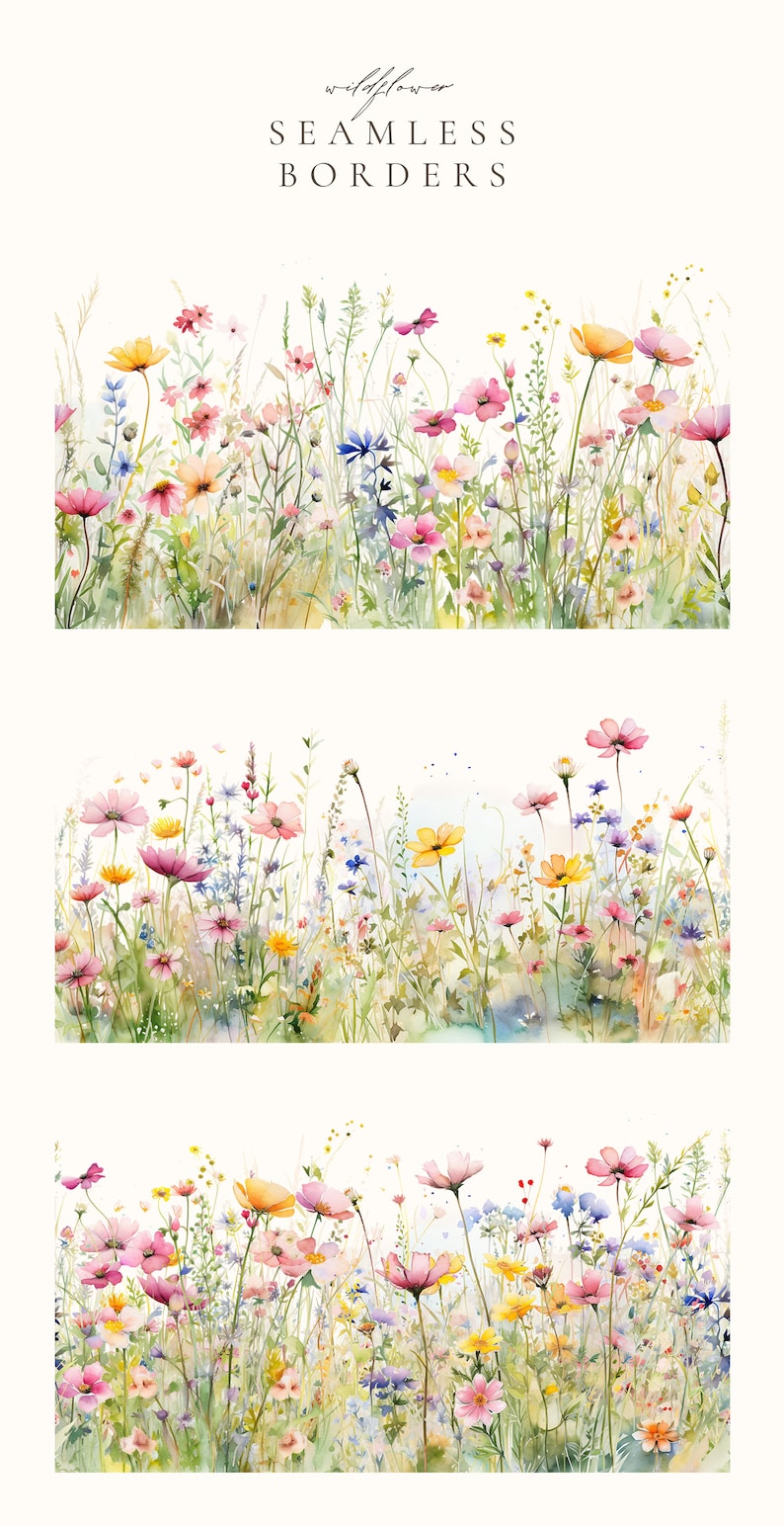May include: A watercolor illustration of a seamless border of pink, yellow, and blue wildflowers. The flowers are arranged in a random pattern and are set against a white background. The text "wildflower seamless borders" is written in black at the top of the image.