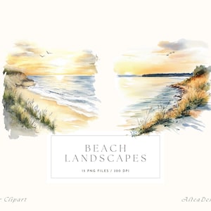 Aquarelle plage des cliparts, paysage avec vue sur la mer, paysage de Bach, des cliparts d'été, des cliparts aquarelle coucher de soleil, des cliparts de voyage, téléchargement numérique