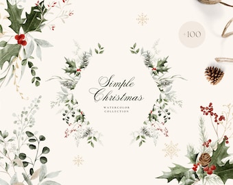 Watercolor Christmas Clipart: Winter Greenery Wreaths (Digital Download)