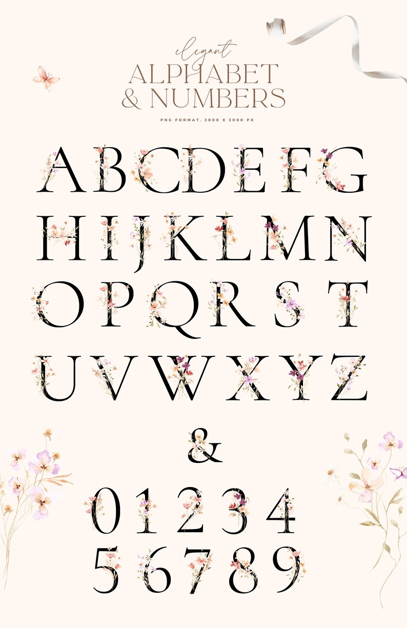 Puede incluir: Un conjunto de letras y n&uacute;meros del alfabeto floral. Las letras y los n&uacute;meros son negros y est&aacute;n delineados con flores de acuarela en tonos de rosa, morado y naranja.