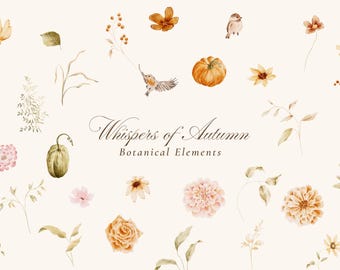 Autumn Watercolor Clipart: Hand-Painted Watercolor Pumpkins, Birds, Berries, Florals, and Botanicals
