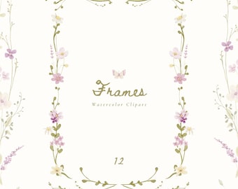 Watercolor Wildflower Frames Clipart: Delicate flowers illustration for wedding invitations and stationery (Digital Download)