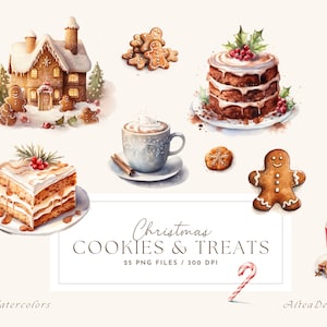 Aquarelle Noël Clipart, Dessert de Noël, Biscuits de Noël Clipart, Pain d’épice PNG, Gâteries de Noël aquarelle