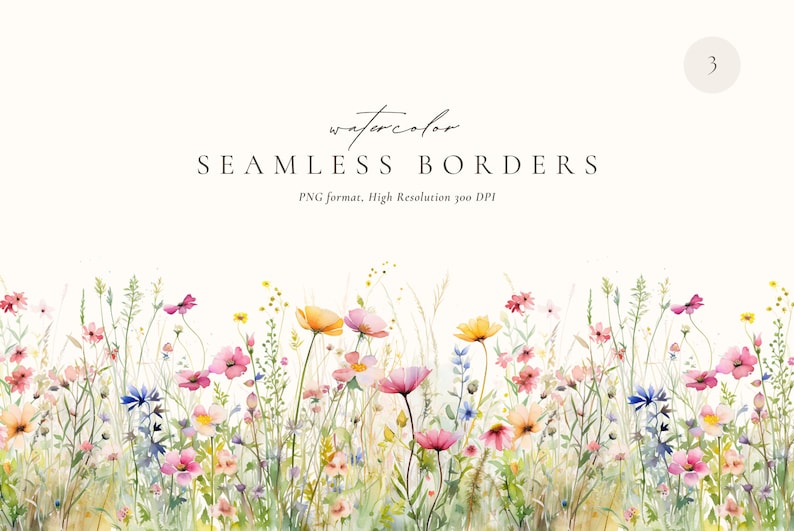 May include: Watercolor seamless border featuring a field of pink, yellow, and blue wildflowers. The border is perfect for adding a touch of nature to your designs.