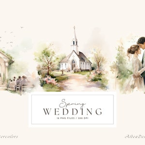 Imágenes prediseñadas de boda de primavera, lugares de boda en acuarela, imágenes prediseñadas de la iglesia, imágenes prediseñadas del jardín de primavera, PNG de boda en acuarela