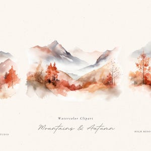 Clipart di montagna ad acquerello, Clipart di montagne, Clipart di foresta nuziale, PNG di sfondo ad acquerello, Paesaggio autunnale, Clipart autunnale